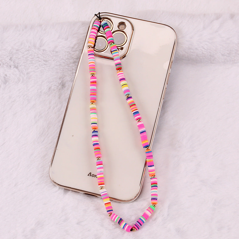 Simple Bohemian soft pottery peach heart mobile phone lanyard mixed color beads mobile phone chain female ornament