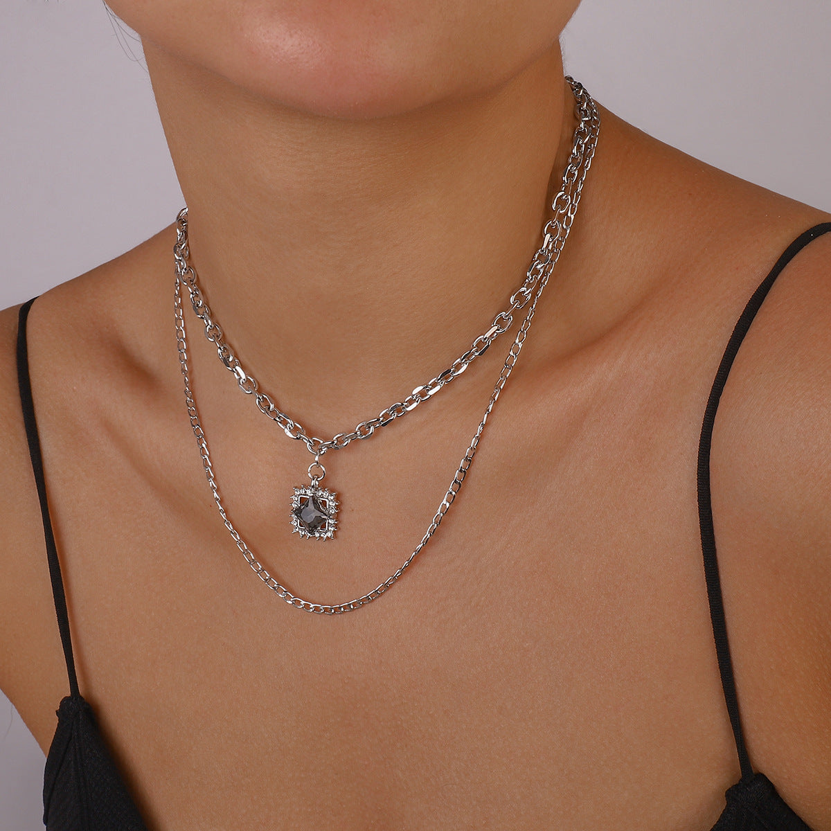 N129 Double Stacked Necklace Square Rhinestone Exaggerated Chain Necklace French Light Luxury Simple Necklace