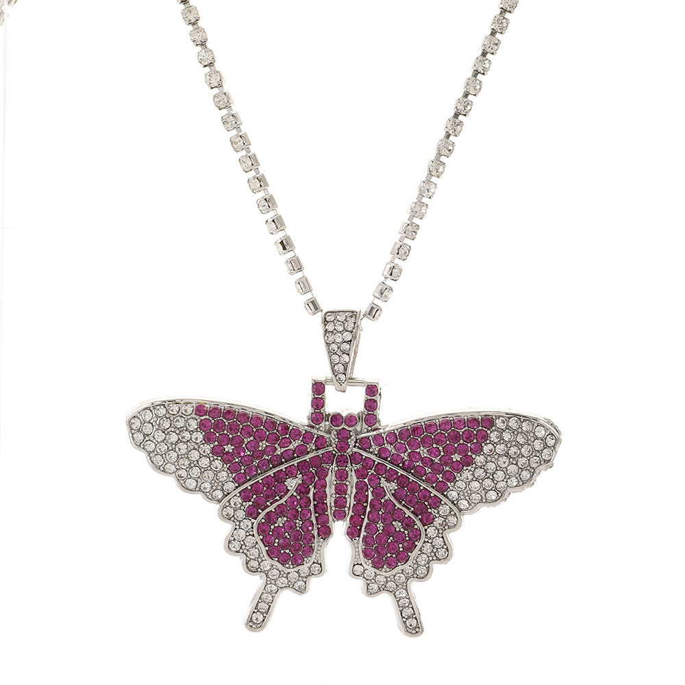 Ins full diamond Cuban butterfly necklace retro personality exaggerated butterfly pendant necklace fashion hip-hop accessories