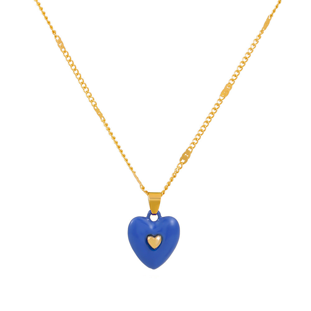Fashion enamel dripping oil double love necklace French light luxury inlaid peach heart pendant clavicle chain simple necklace