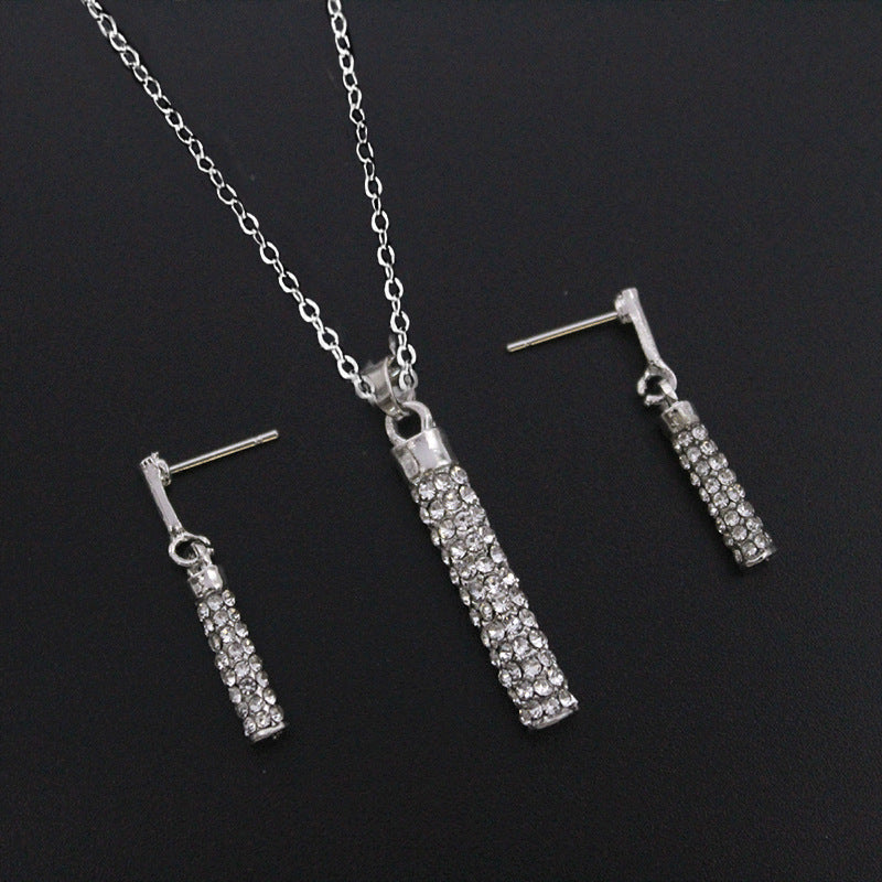 Fashion Ladies Rhinestone Full Diamond Cylinder Necklace Earrings Set Jewelry