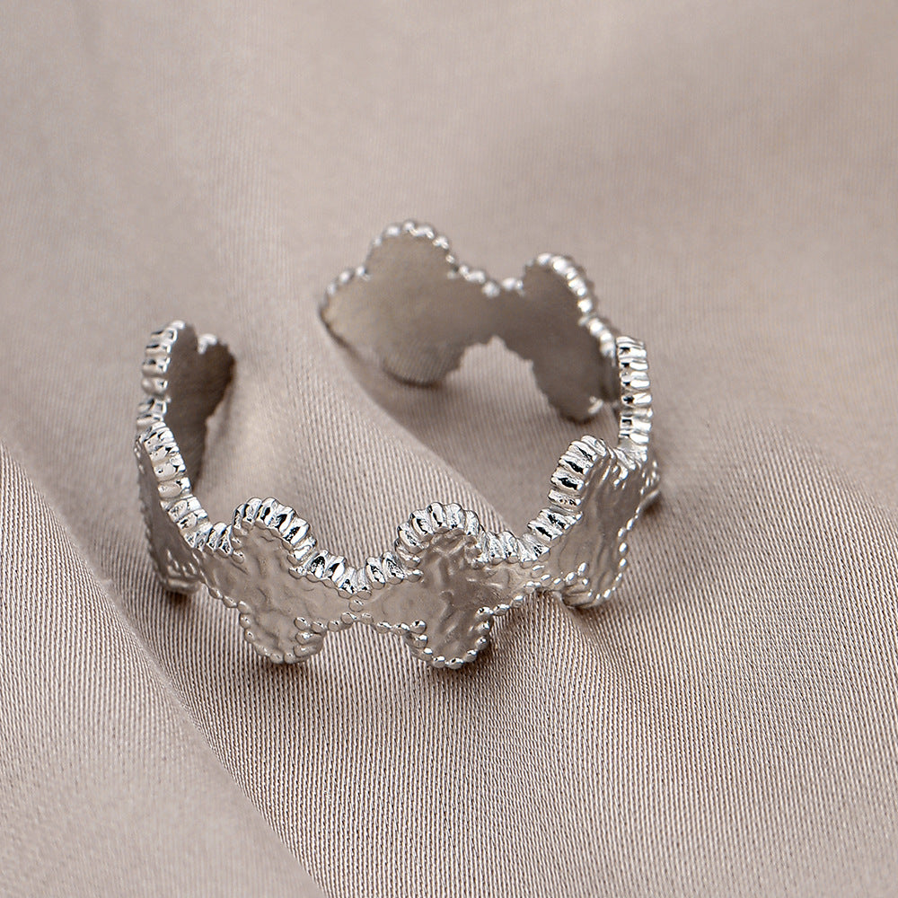 Personality adjustable stainless steel open ring simple feather leaf titanium steel ring jewelry female