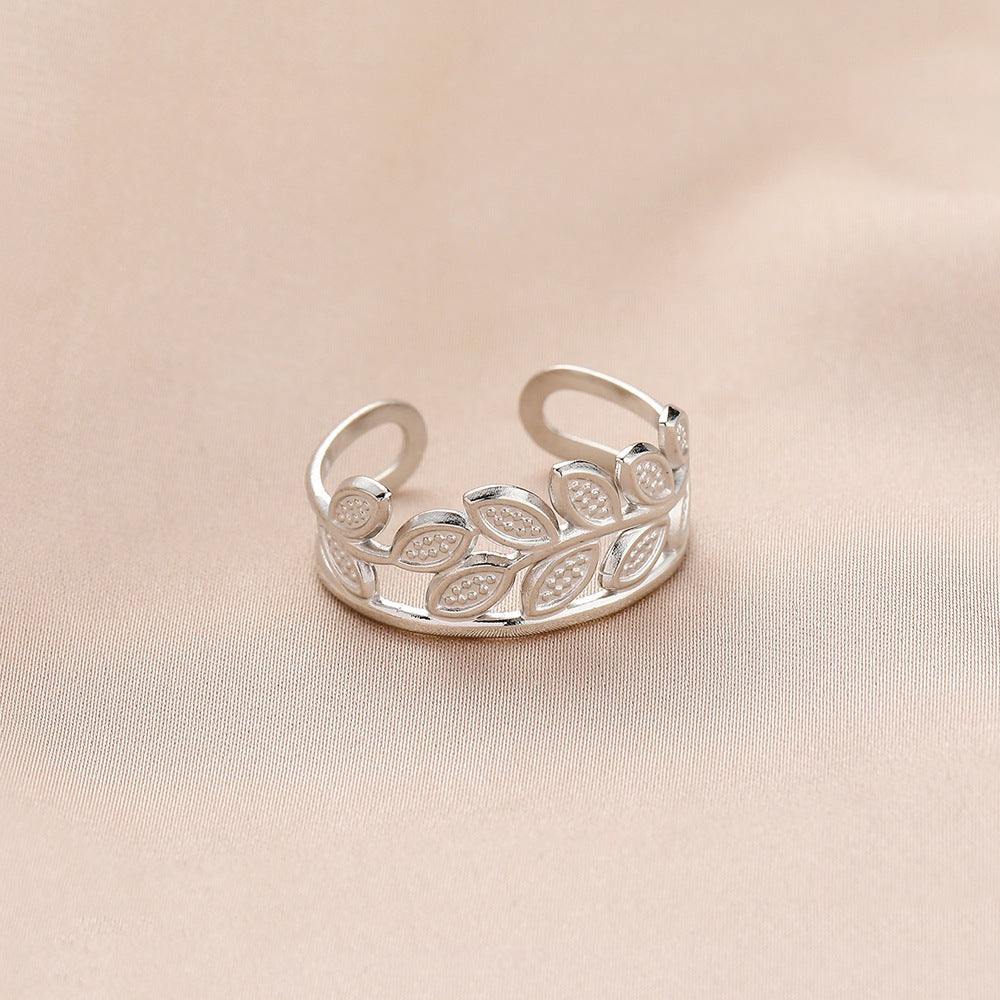 Fashion personality adjustable love stainless steel open ring simple feather leaf heart-shaped ring jewelry