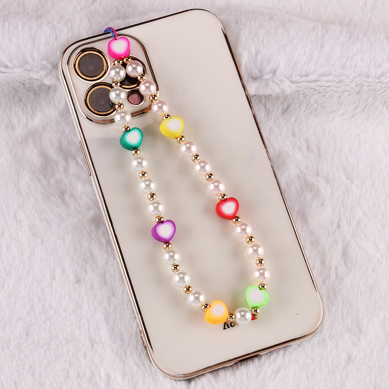 Ethnic diy color soft pottery imitation pearl acrylic geometric beaded mobile phone chain