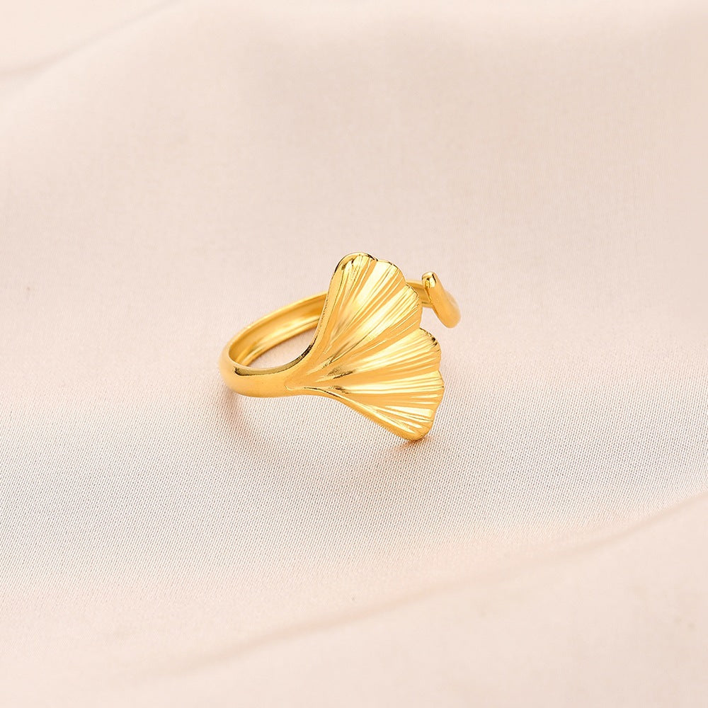 Fashion personality adjustable love stainless steel open ring simple feather leaf heart-shaped ring jewelry
