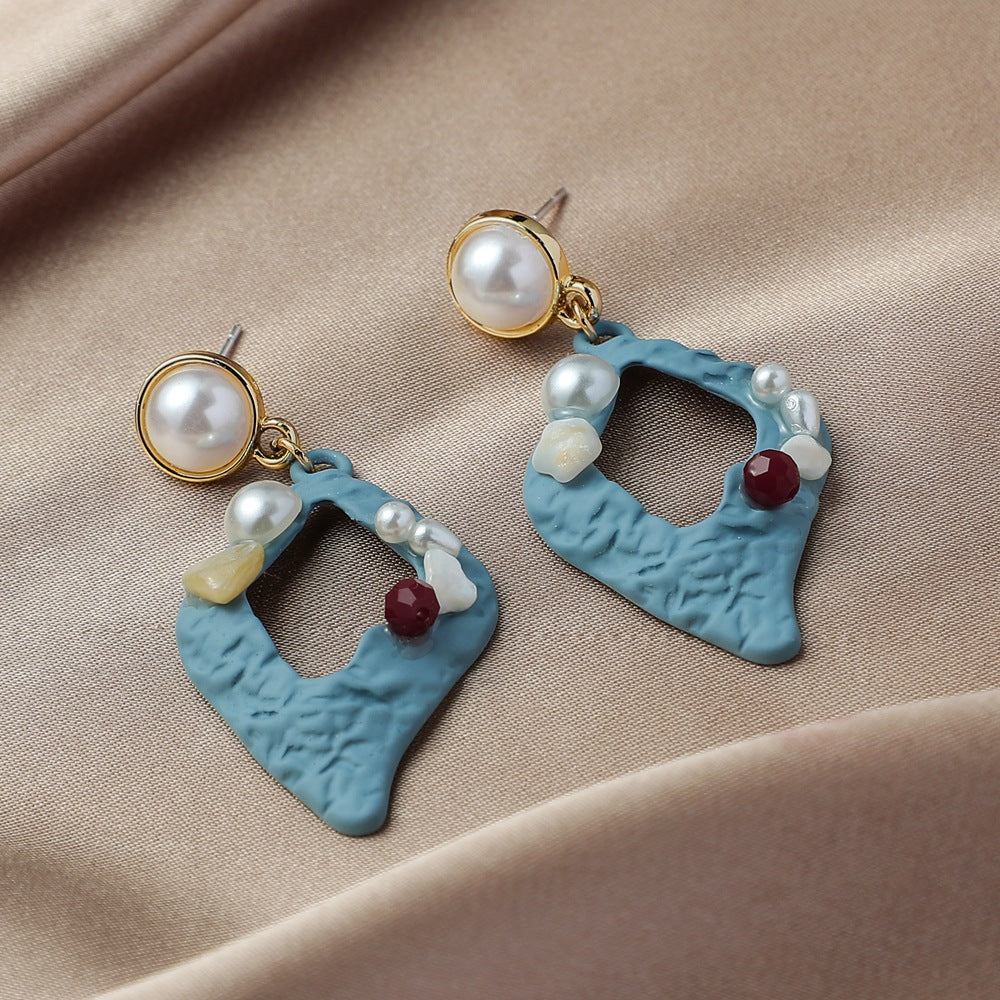 Geometric Pearl Color Gravel Earrings Heart Hollow Ear Studs Retro Temperament Fashion Trendy Earrings