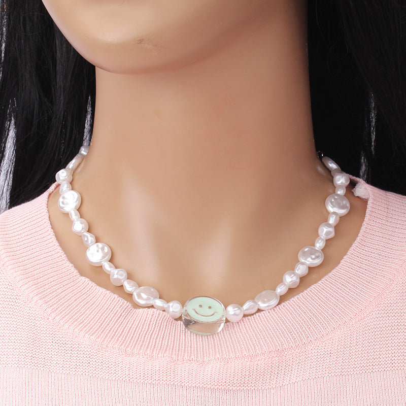 Ins temperament all-match acrylic dripping oil smiling face necklace baroque pearl chain fashion collarbone chain