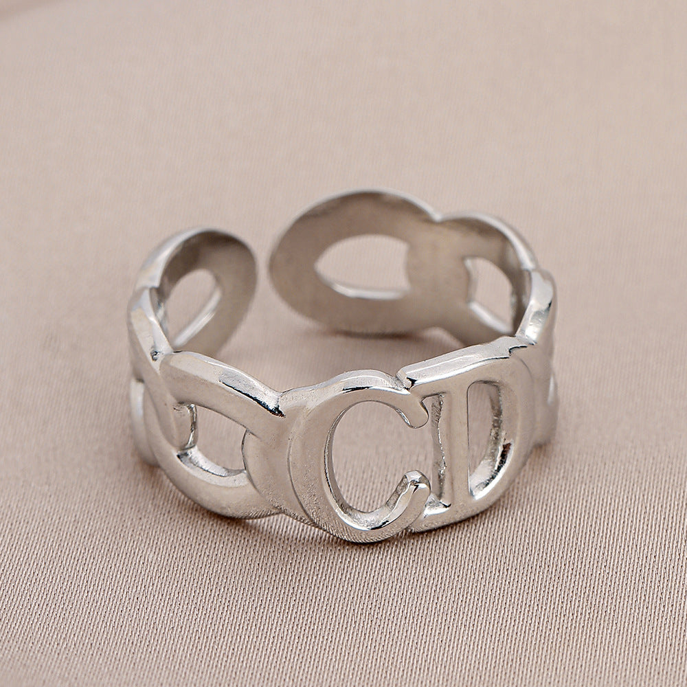 Personality adjustable stainless steel open ring simple feather leaf titanium steel ring jewelry female