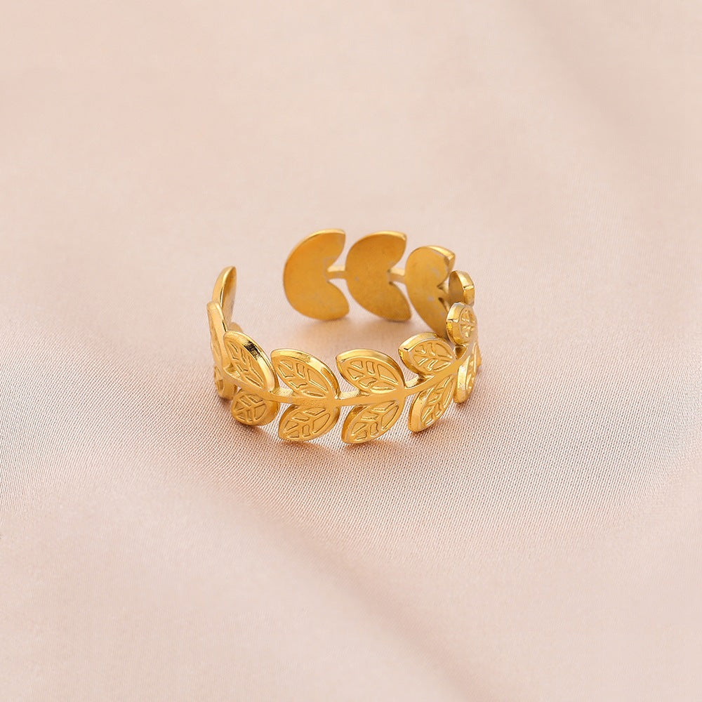 Fashion personality adjustable love stainless steel open ring simple feather leaf heart-shaped ring jewelry
