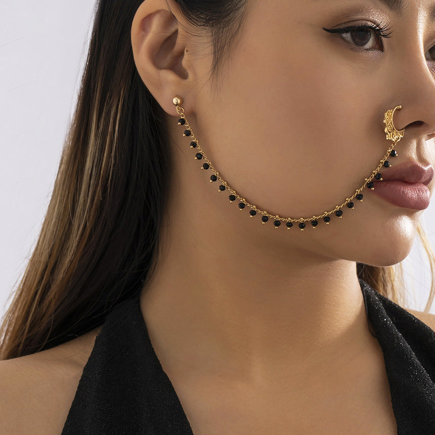 Jewelry unilateral metal hollow earrings national color imitation crystal tassel nose clip earrings women
