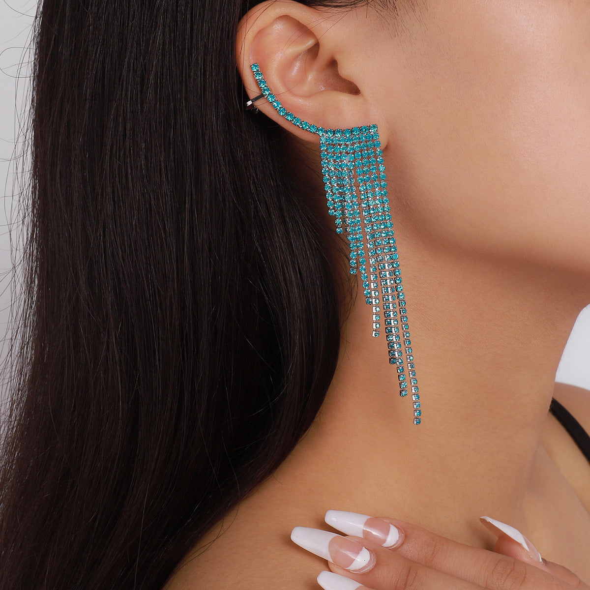 E1274 Temperament Simple Pop Earrings Net Red Tassel Rhinestone Ear Needles Geometric Banquet Exaggerated Earrings