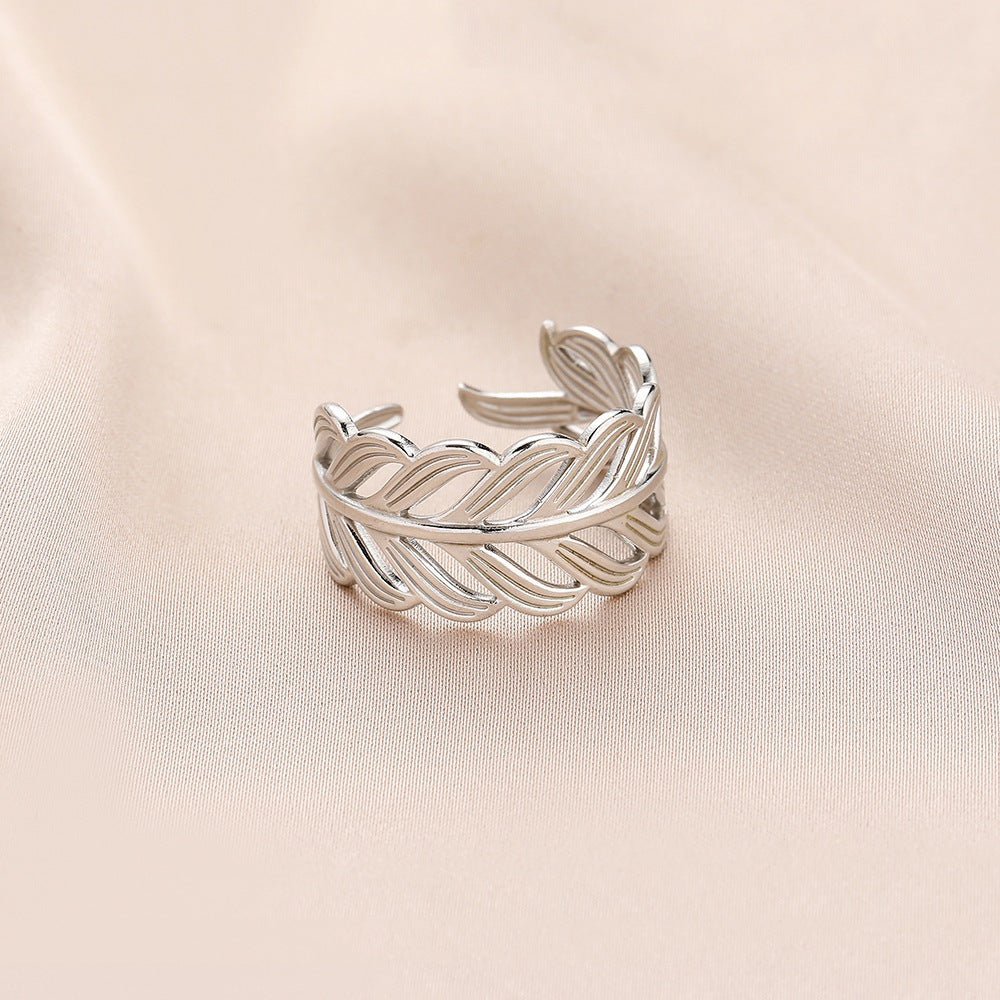 Fashion personality adjustable love stainless steel open ring simple feather leaf heart-shaped ring jewelry