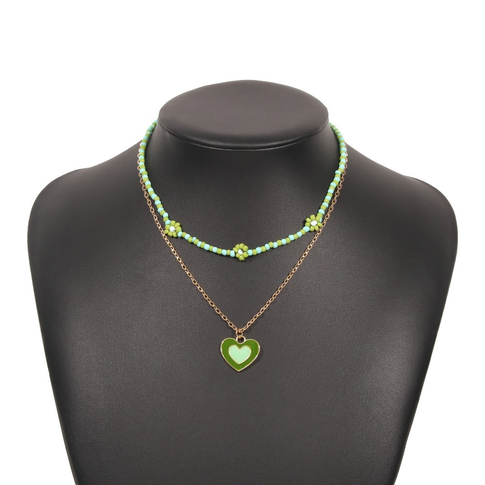 N9535 Double Layer Clavicle Necklace Drip Oil Heart Beads Flower Candy Color Necklace Geometric Creative Necklace