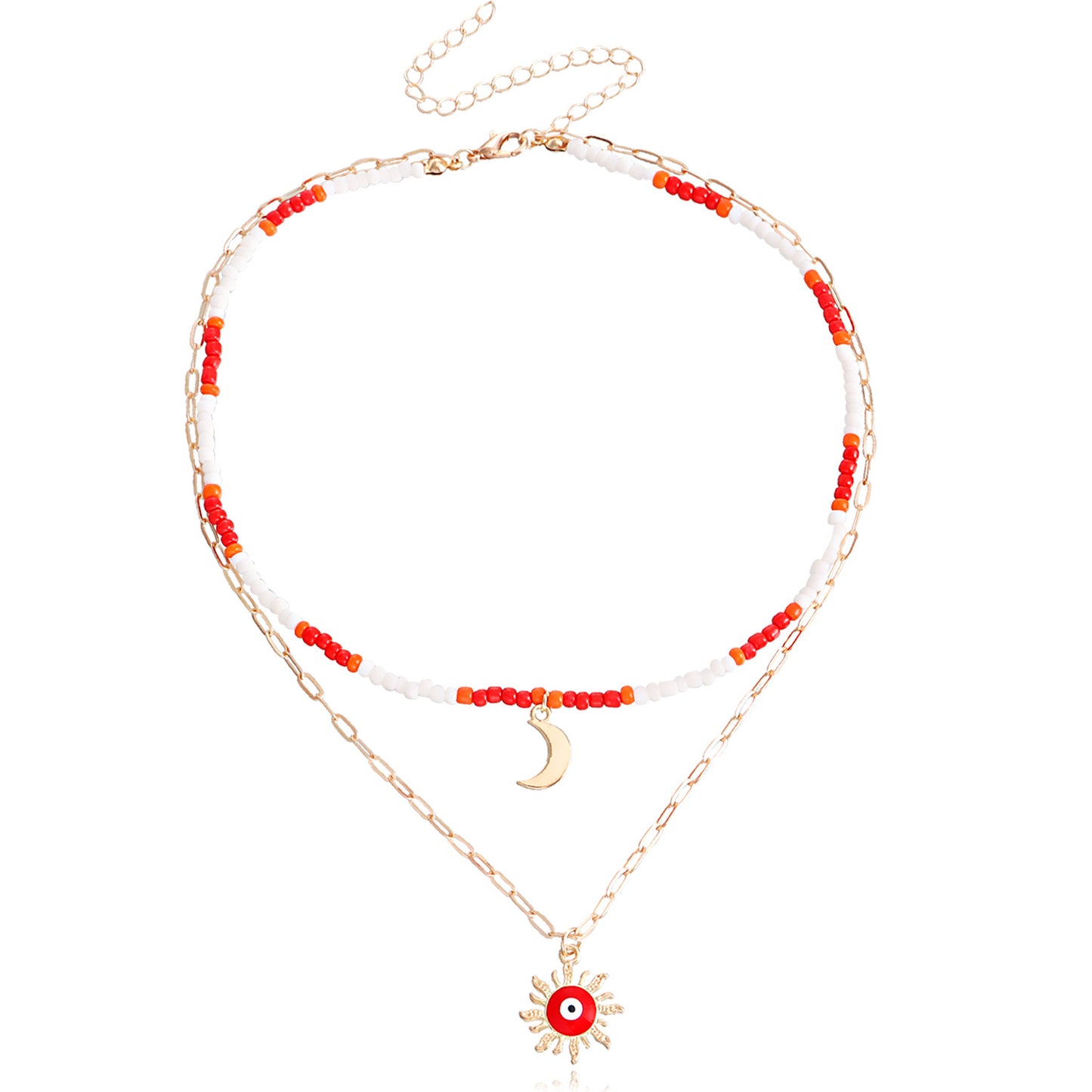 Jewelry bohemian mix and match color rice bead crescent moon devil's eye pendant necklace female