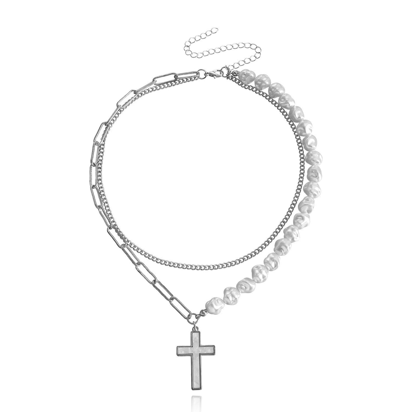 Jewelry fashion trendy double-layer splicing chain imitation pearl cross white mother-of-pearl pendant necklace female