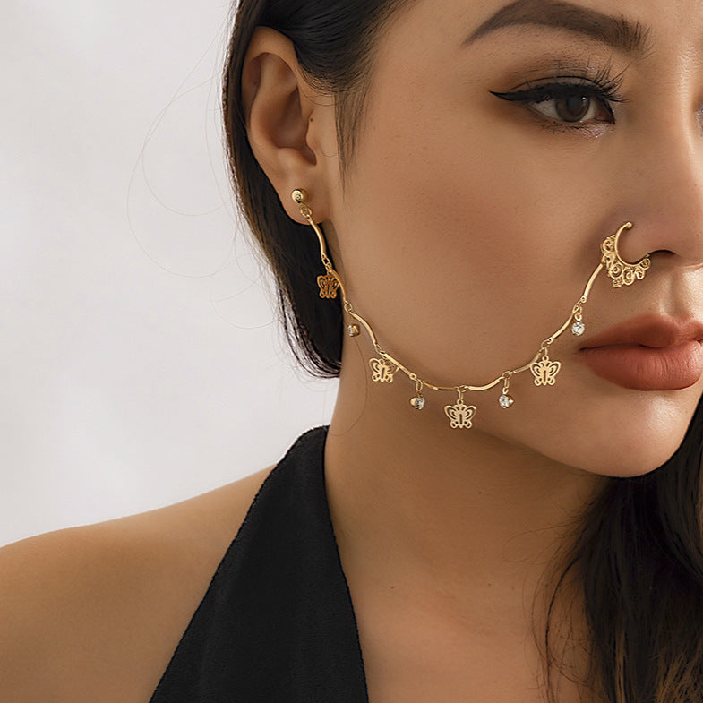 Jewelry Sweet Cool Punk Piercing Jewelry Imitation Pearl Butterfly Tassel Chain Ear Stud Nose Clip Female