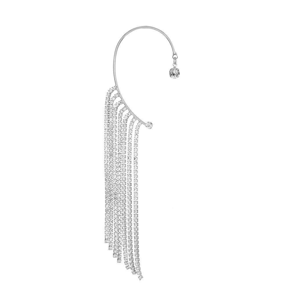 Fashion temperament long diamond tassel earring female niche design geometric C-shaped ear clip without ear piercing earrings