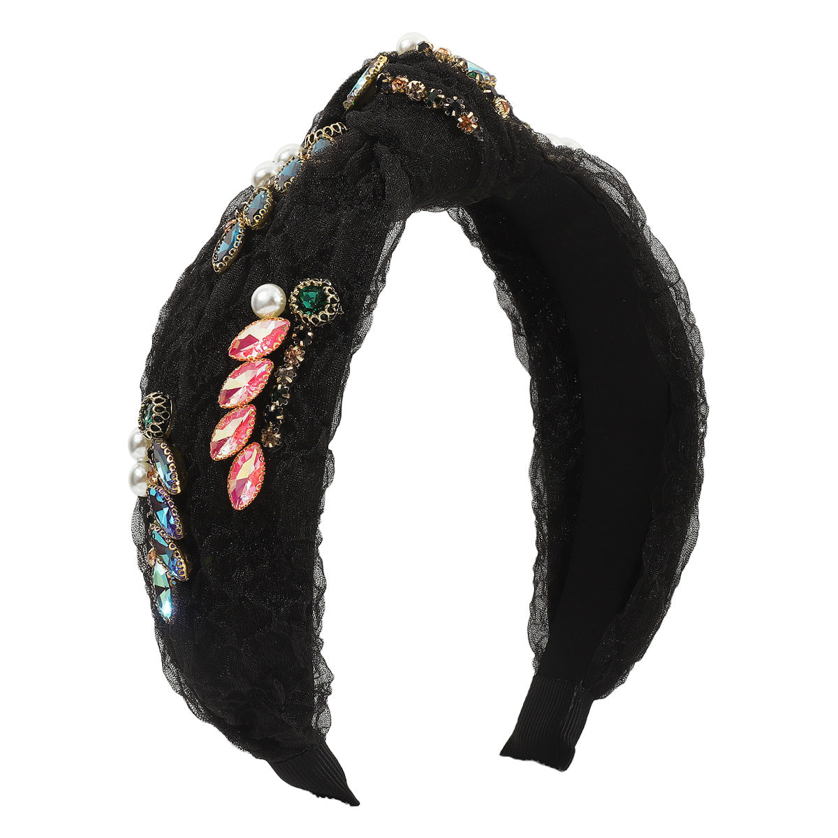 F525 baroque light luxury yarn material knotted headband pearl rhinestone retro elegant colorful headband