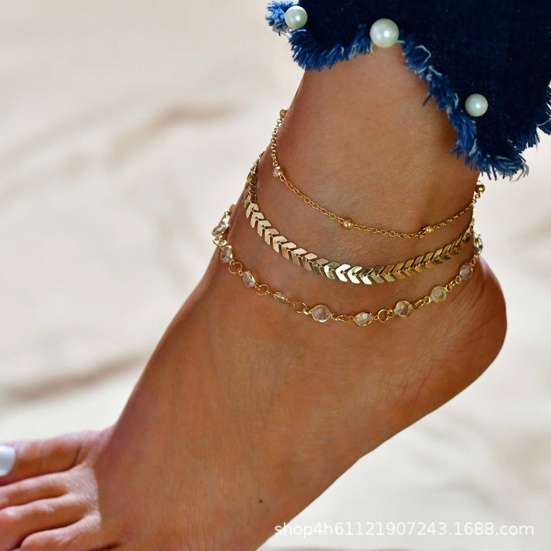 Summer beach multi-layer zircon leaves eight-character pearl anklet sun moon star pattern jewelry