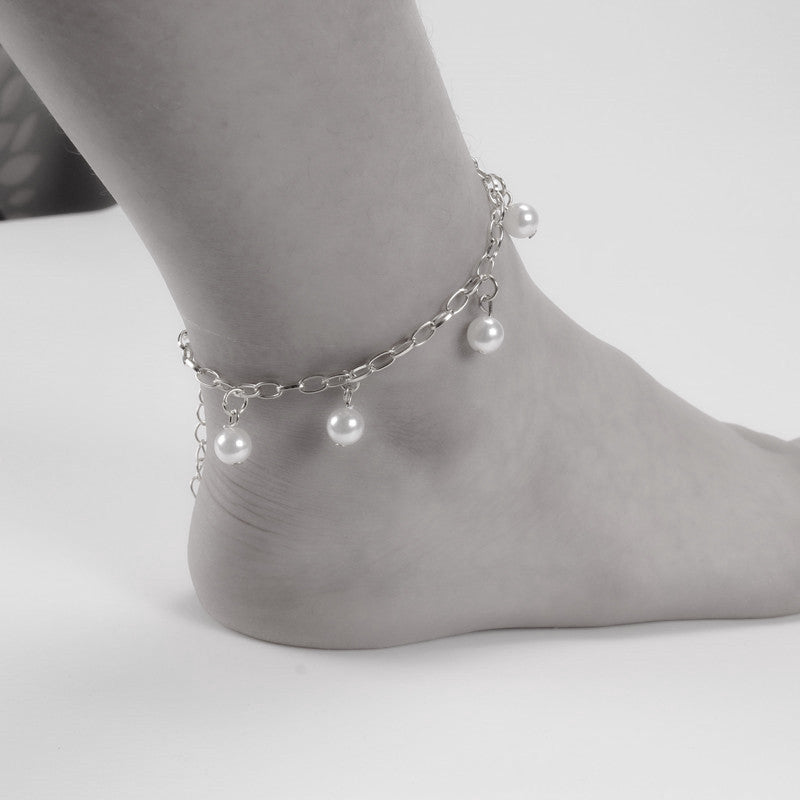 Ornaments Simple Retro Baroque Imitation Pearl Anklet Versatile Bohemian Grid Foot Jewelry Women