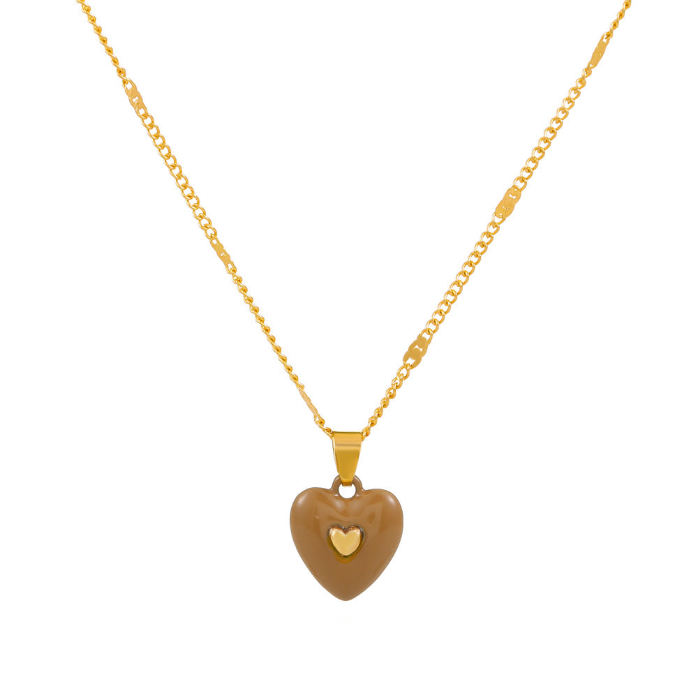 Fashion enamel dripping oil double love necklace French light luxury inlaid peach heart pendant clavicle chain simple necklace