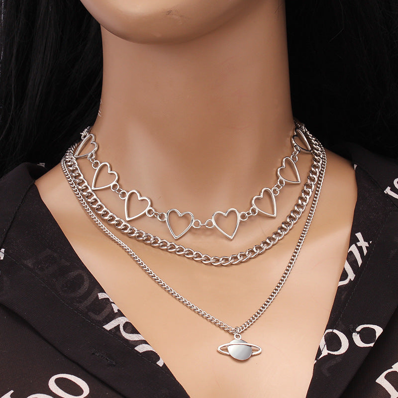 Jewelry Stacked Versatile Hollow Heart Chain Necklace Set Chain Fashion Planet Pendant Necklace