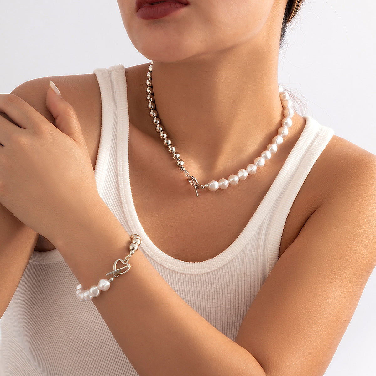 Jewelry Versatile Imitation Pearl Beaded Stitching Necklace Simple Creative Peach Heart OT Buckle Clavicle Necklace