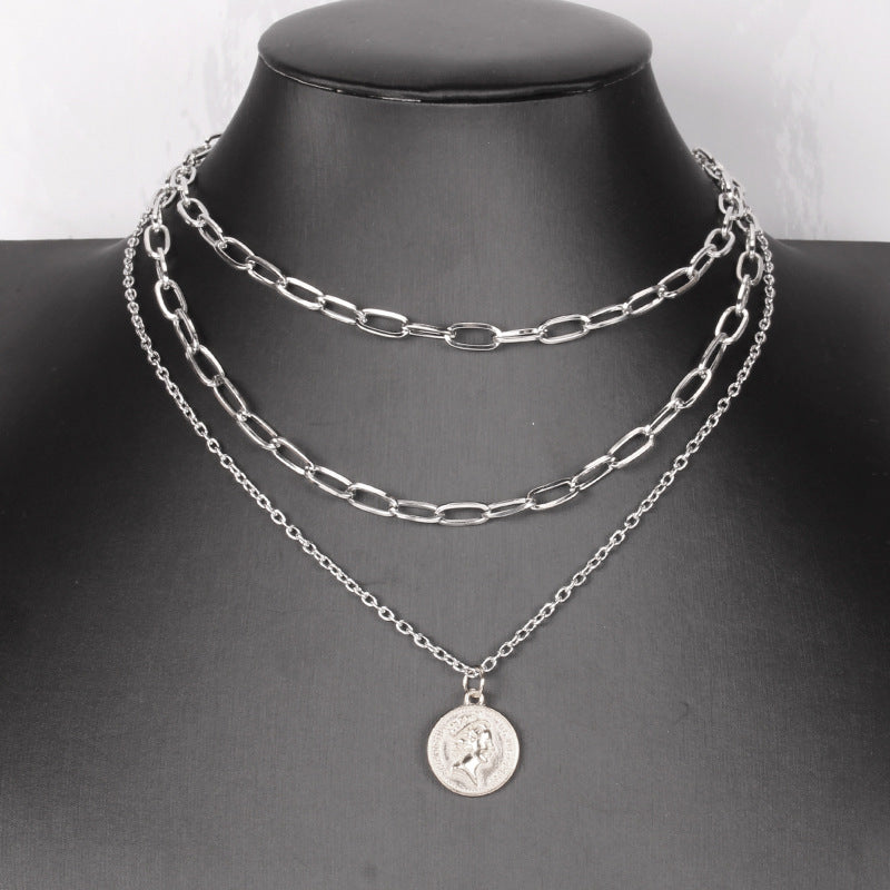 Net red same necklace hip-hop portrait coin pendant clavicle chain multi-layer chain necklace sweater chain jewelry
