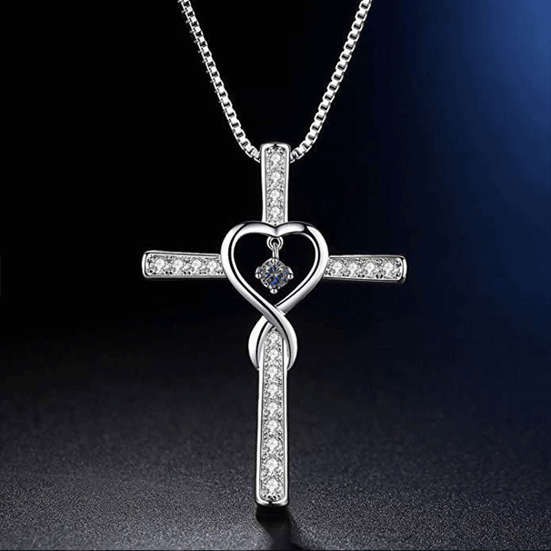 Fashion Cross Religious Belief Inlaid Zircon Pendant Necklace Heart Shape Necklace Jewelry