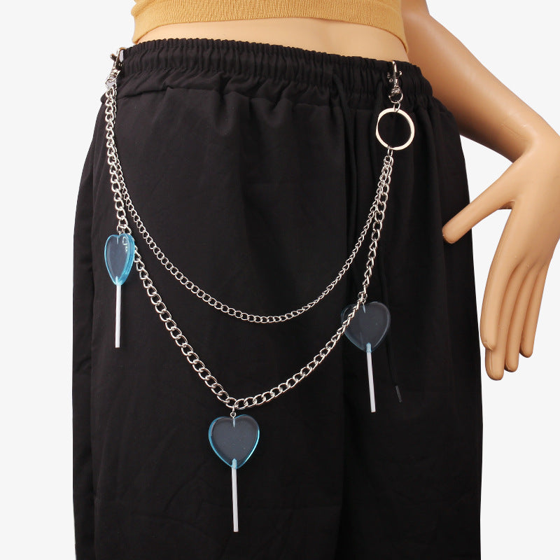 Hip Hop Acrylic Heart Lollipop Pendant Waist Chain Fashion Cool Metal Double Pants Chain