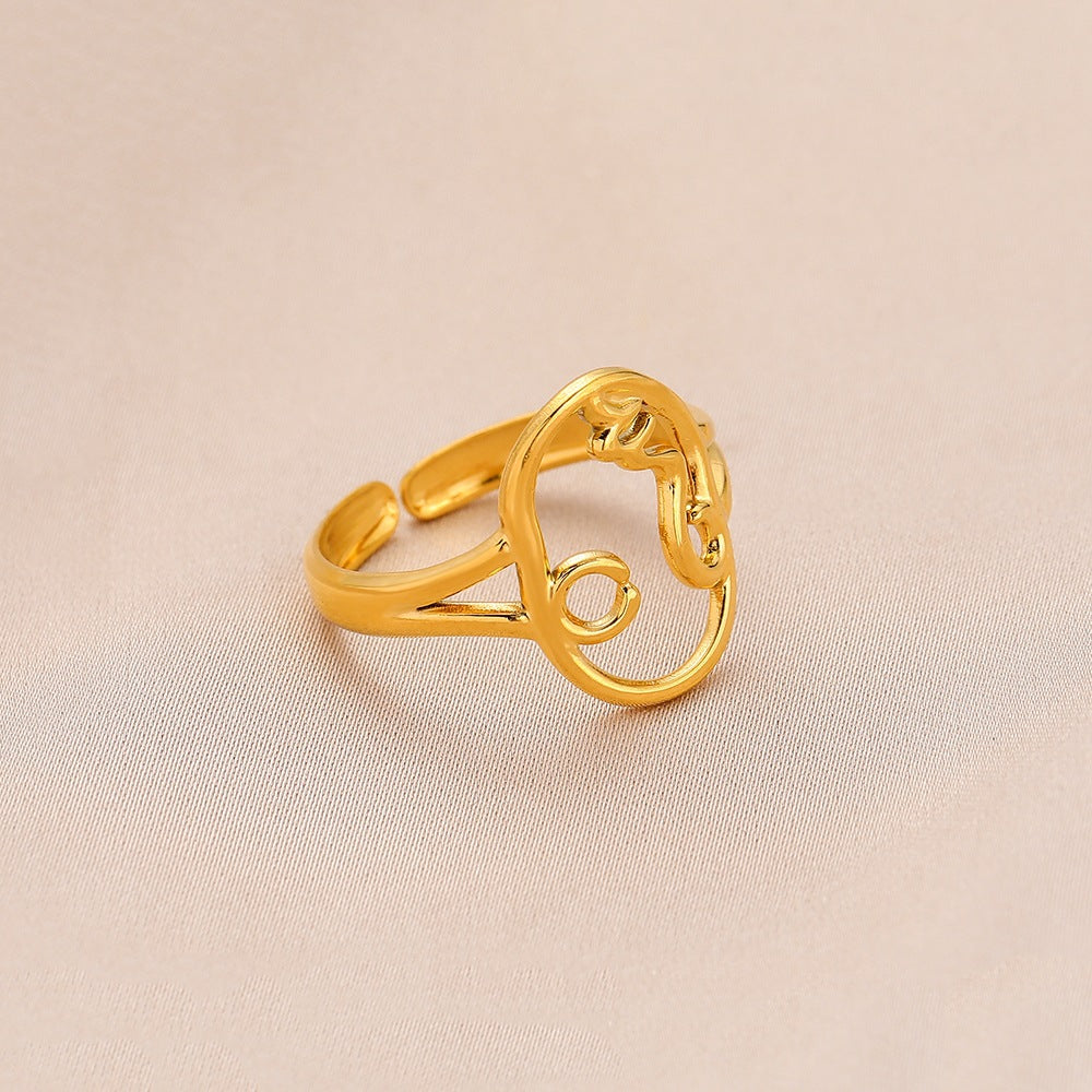 Fashion personality adjustable love stainless steel open ring simple feather leaf heart-shaped ring jewelry