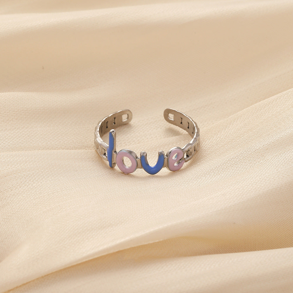 French simple temperament exquisite super fairy stainless steel dripping oil opening letter love adjustable ring