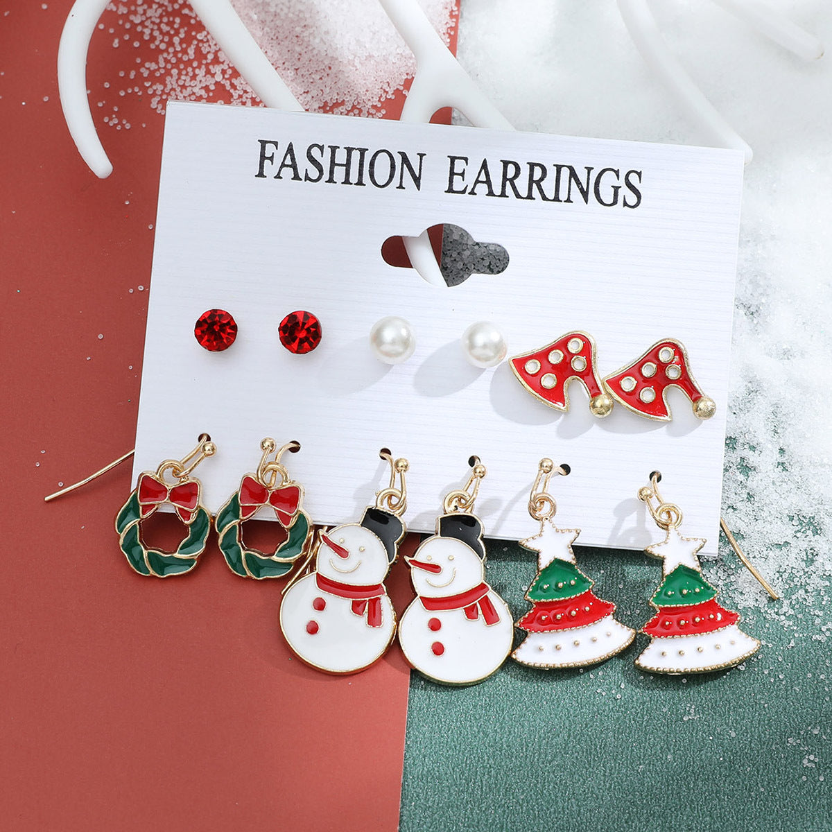 Christmas series snowflake bell earrings combination set cartoon oil dripping cane old man earrings female