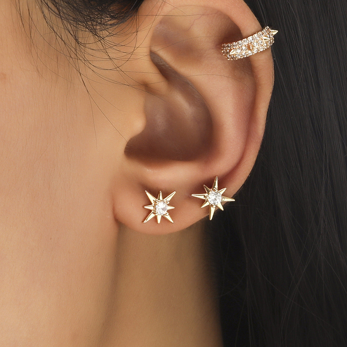 Simple Star Small Diamond Ear Clip Leaf Flower Sun Flower Geometric Pearl Zircon No Pierced Ear Stud Set