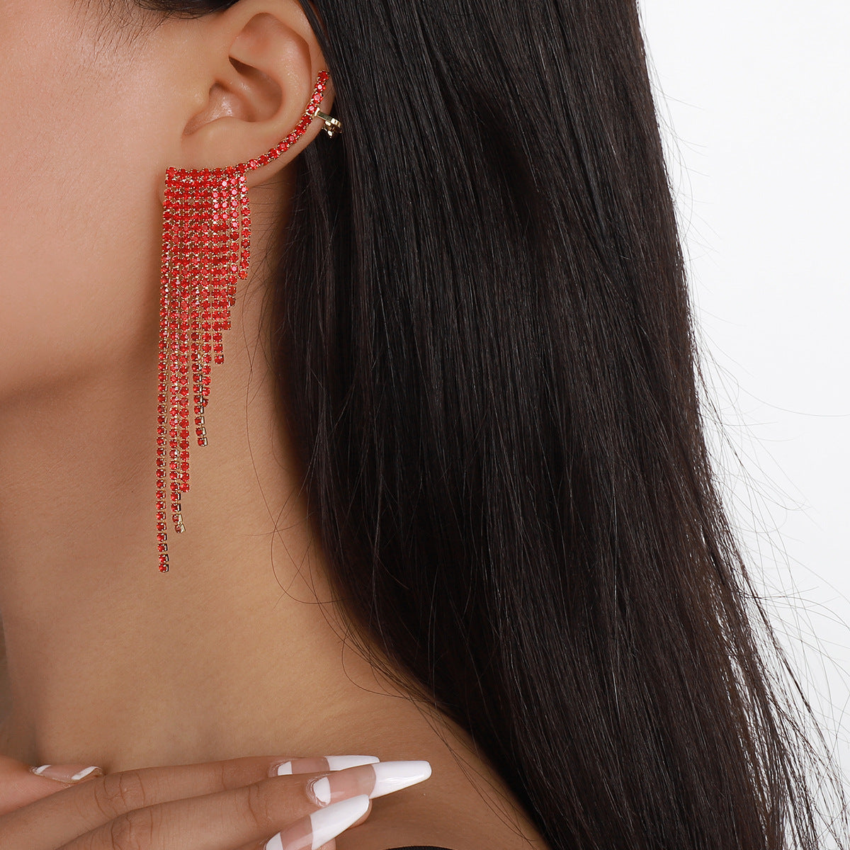 E1274 Temperament Simple Pop Earrings Net Red Tassel Rhinestone Ear Needles Geometric Banquet Exaggerated Earrings
