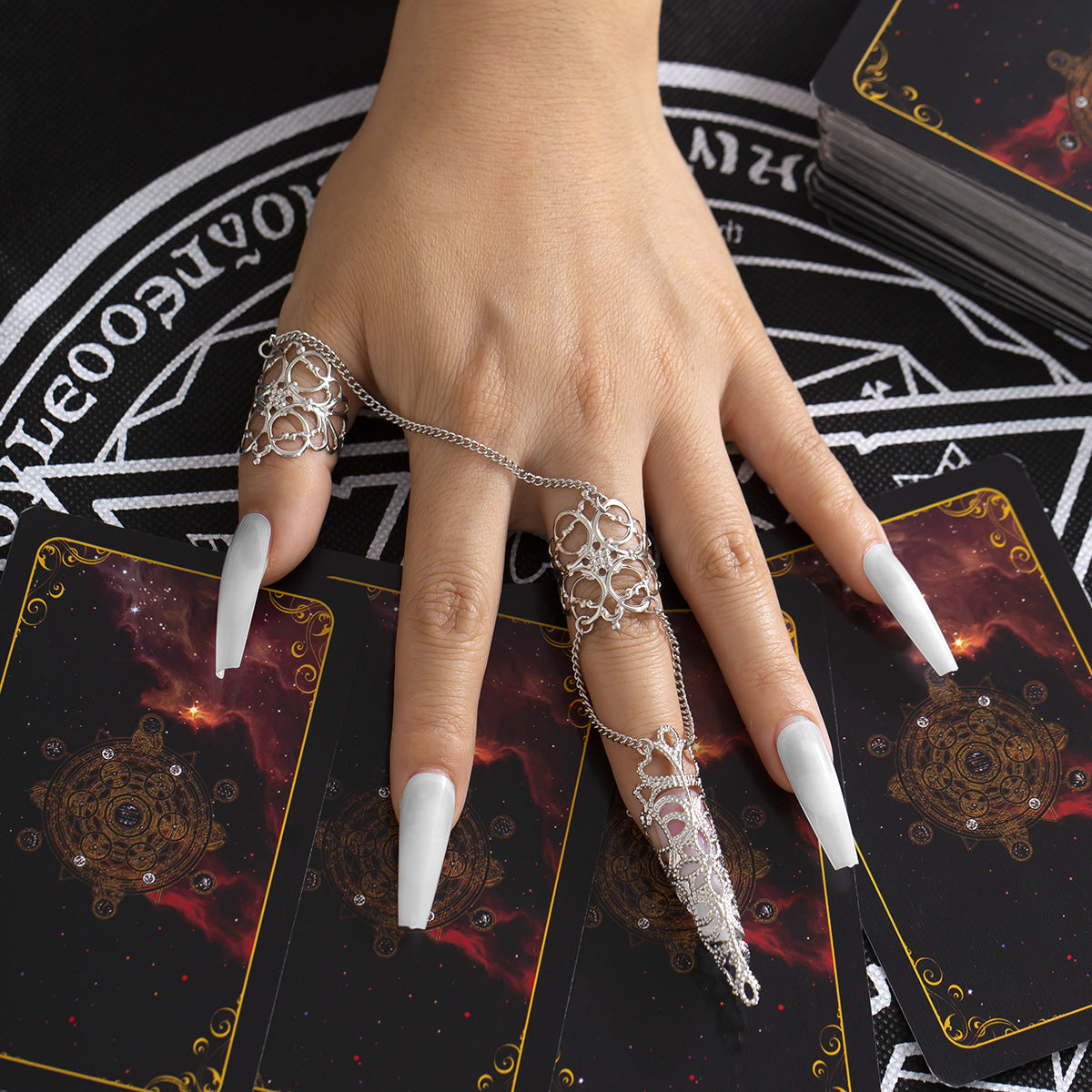 Jewelry gothic hollow tapered nail set with finger ring niche metal tassel ring female