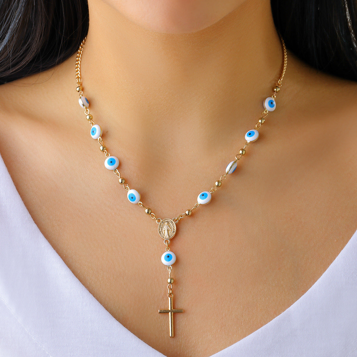 Jewelry Retro Ethnic Eye Chain Necklace Female Personality Portrait Embossed Cross Necklace