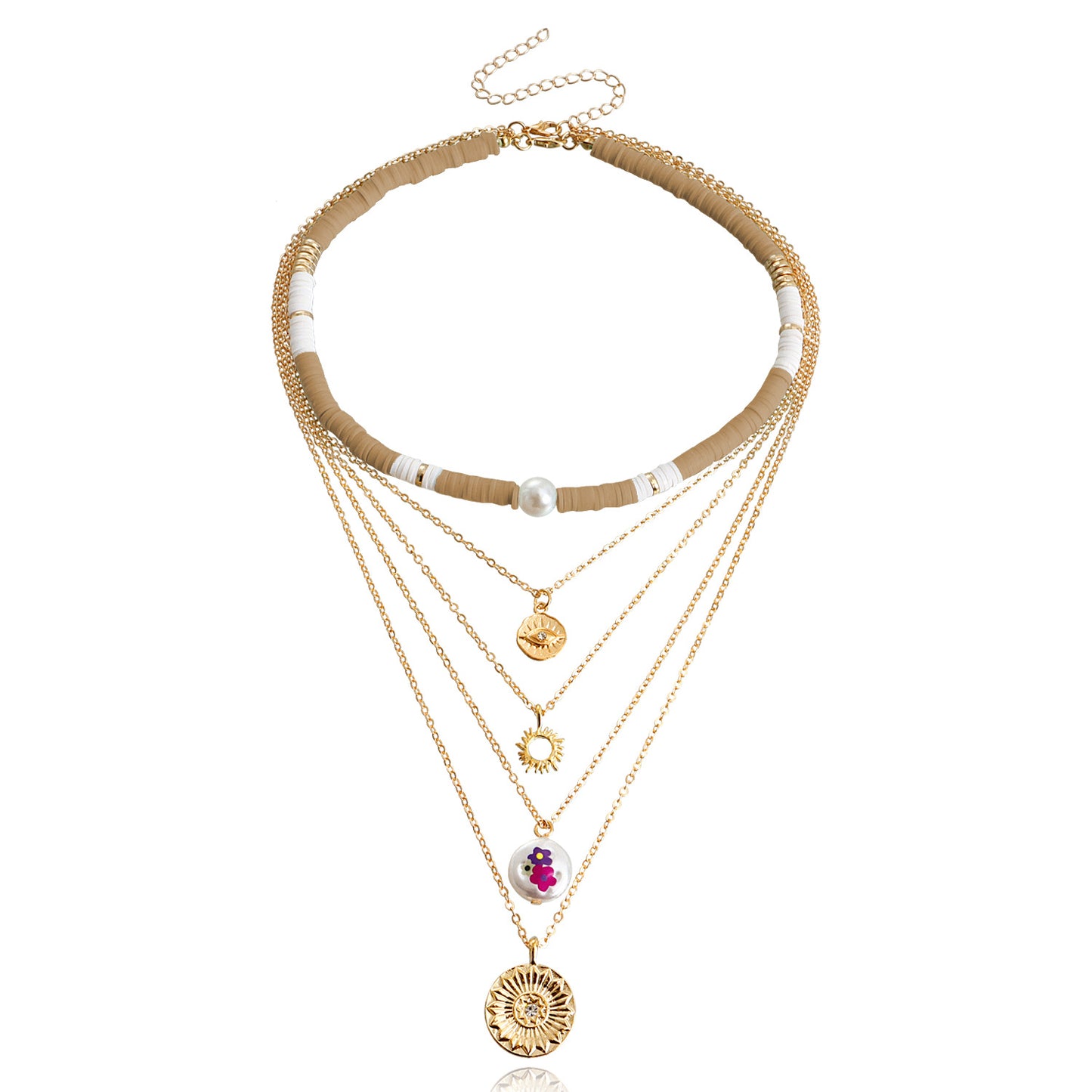 Jewelry Bohemian retro multi-layer color soft pottery geometric round pendant necklace female personality