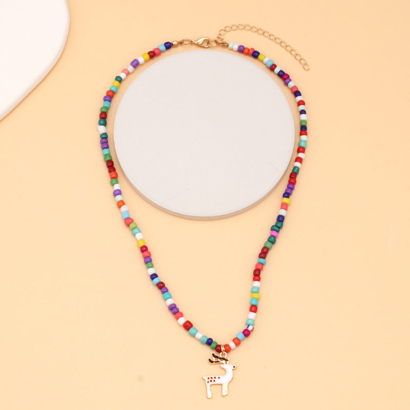 Christmas Ornament Fashion Drip Oil Pendant Christmas Tree Clavicle Chain Bohemian Colorful Handmade Rice Beads
