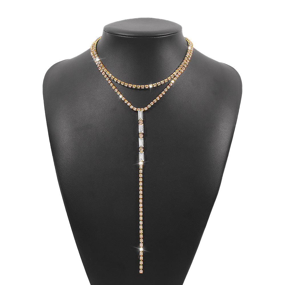 N9872 Fashion Versatile Y-shaped Necklace Simple Temperament Full Diamond Back Chain Super Flash Light Luxury Double Layer Necklace Women