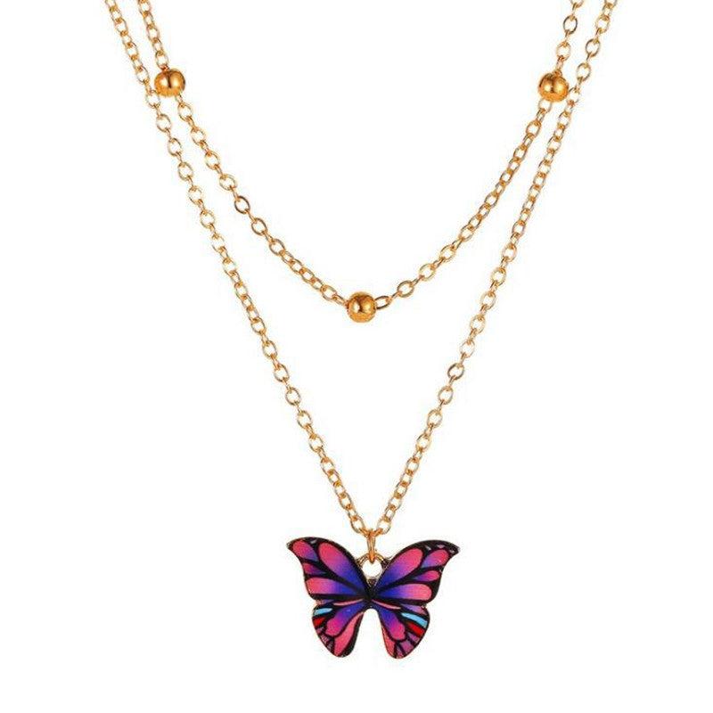 Set Butterfly Jewelry Colorful Double Layer Butterfly Pendant Necklace Feminine Elegant Butterfly Earrings