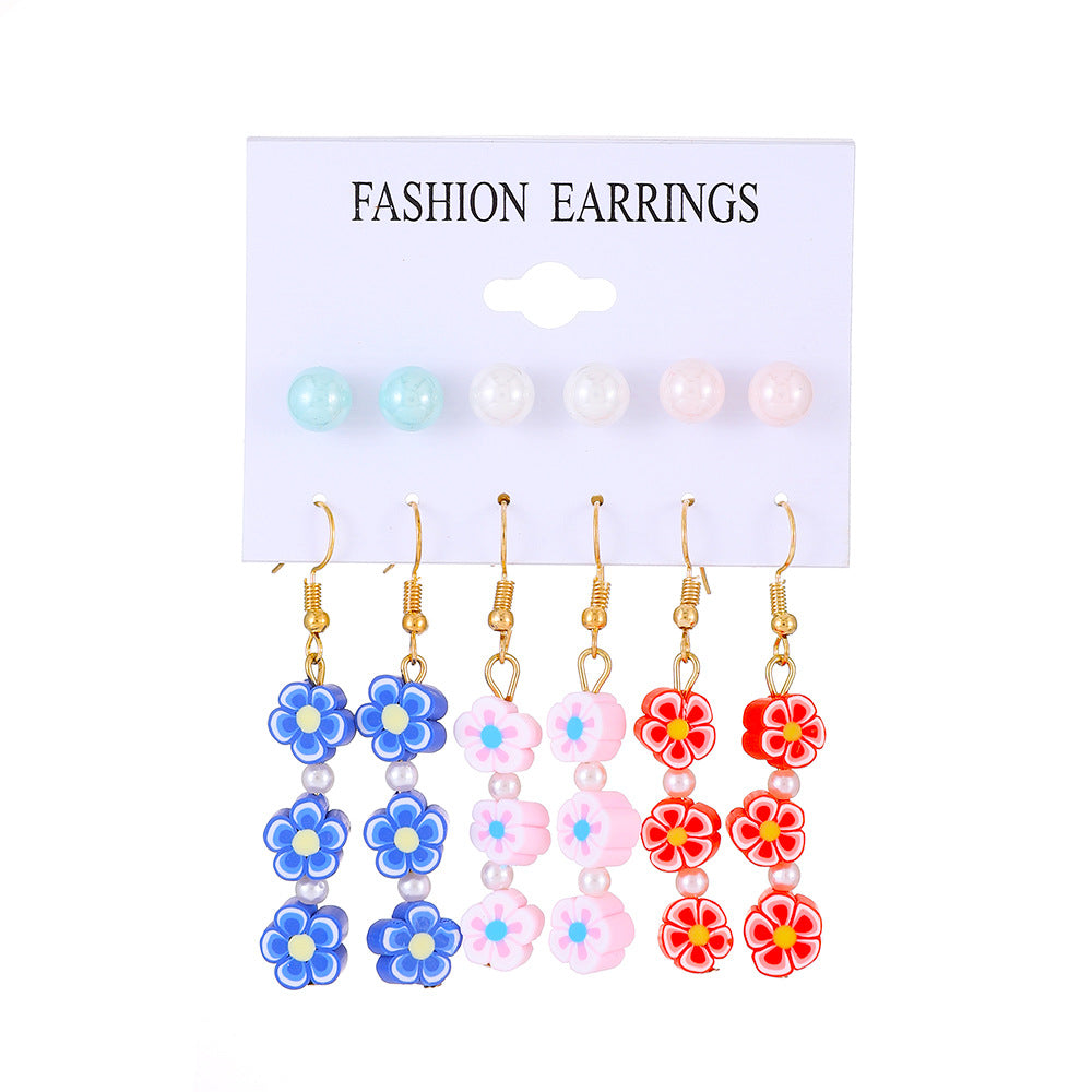 Ins color butterfly heart earring set fashion pearl flower mushroom earring six-piece set trendy