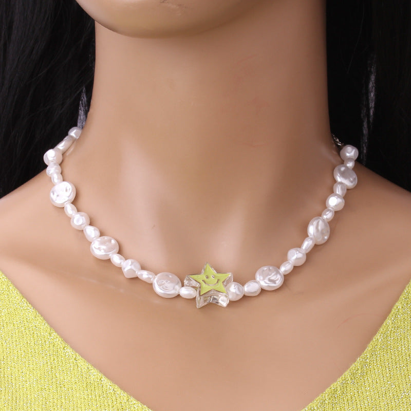 Ins temperament all-match acrylic dripping oil smiling face necklace baroque pearl chain fashion collarbone chain