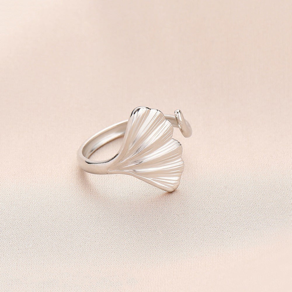 Fashion personality adjustable love stainless steel open ring simple feather leaf heart-shaped ring jewelry
