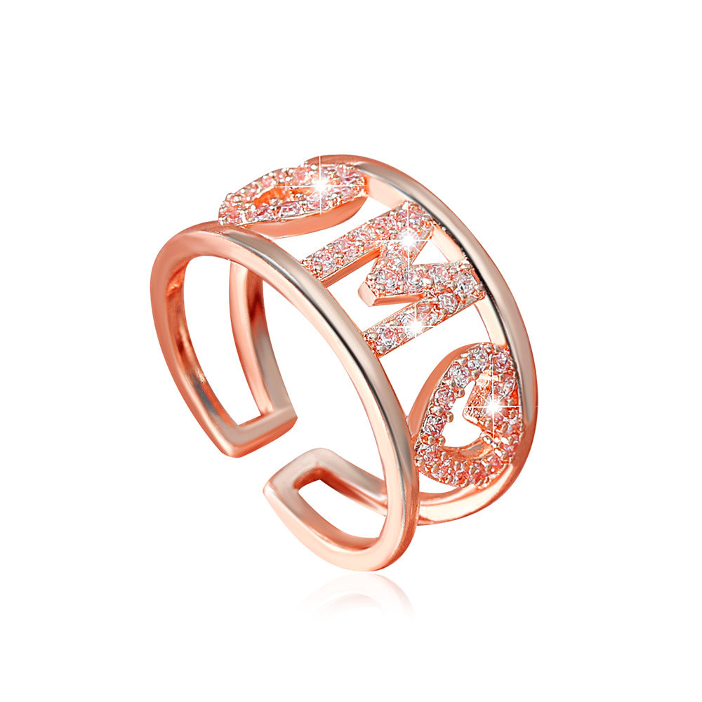 Ins cold zircon opening love ring super fairy fashion star letter hollow index finger ring net red