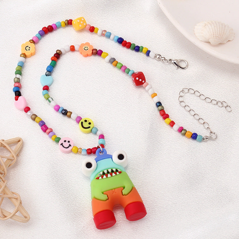 Design sense cartoon monster pink rabbit pendant necklace year ins niche hip-hop color collarbone chain