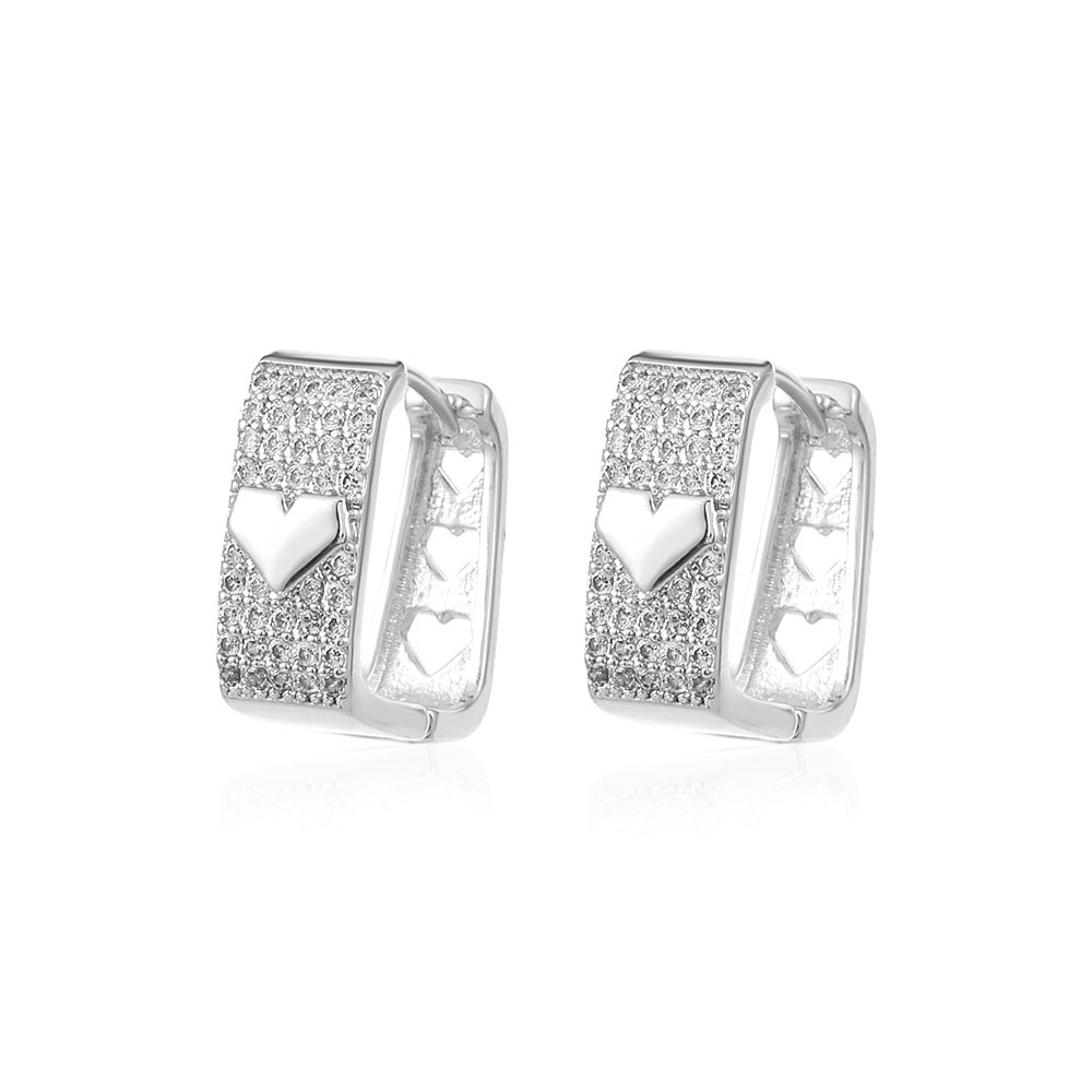 Ins full diamond square hollow heart earring fashion light luxury niche design peach heart earring net red earrings