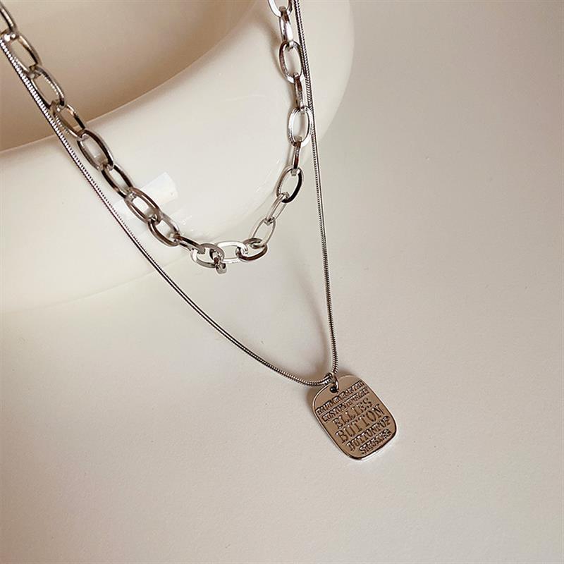 Double layer stacked square brand pendant necklace simple cold metal sweater chain hip hop necklace jewelry