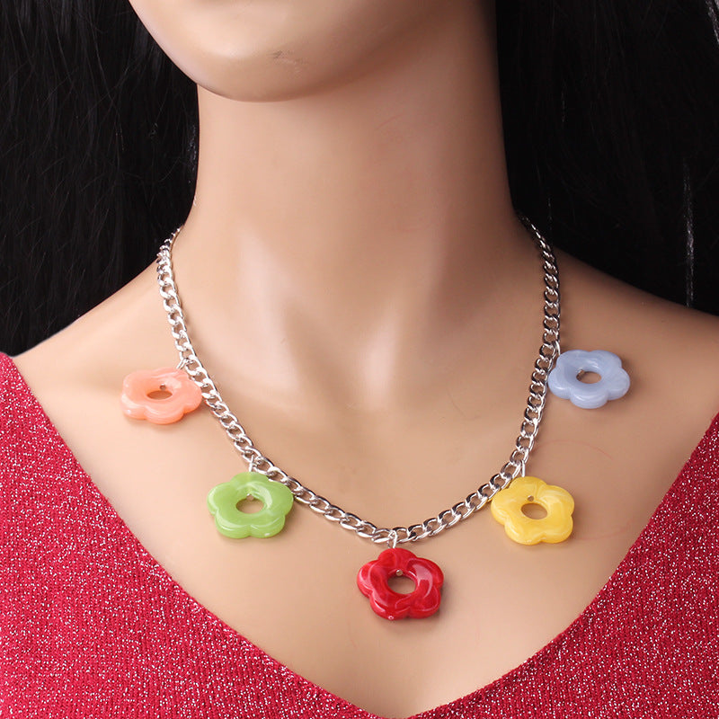 Necklace Geometric Contrasting Color Pendant Resin Small Fresh Flower Necklace Hip Hop Personality Fashion Necklace