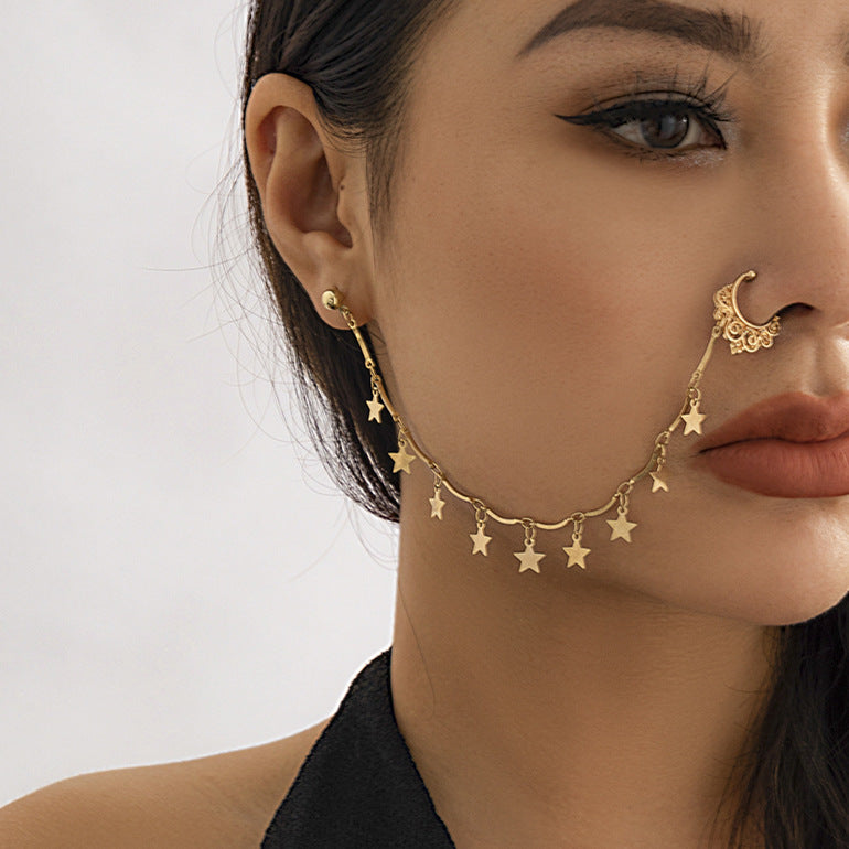 Jewelry Sweet Cool Punk Piercing Jewelry Imitation Pearl Butterfly Tassel Chain Ear Stud Nose Clip Female